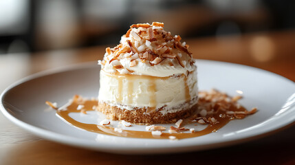 Mini Cheesecake with Coconut Topping and Caramel Drizzle
