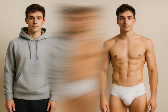 young man transformation from no clothes to a nice outfit