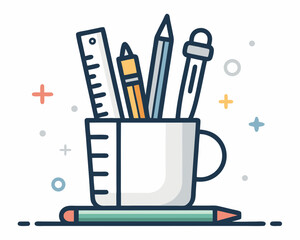 Create a bold, vector illustration of a coffee cup overflowing with pens and pencils, emphasizing strong outlines.