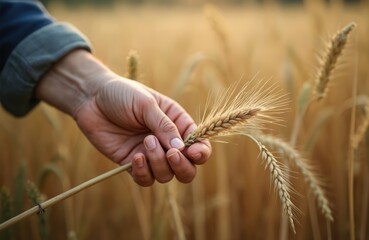 Farmer hand holding ripe millet spike in agriculture harvest field. Selective focus on grain plant, cereal crop. Summer farm landscape, agriculture industry. Healthy food, outdoor scene.