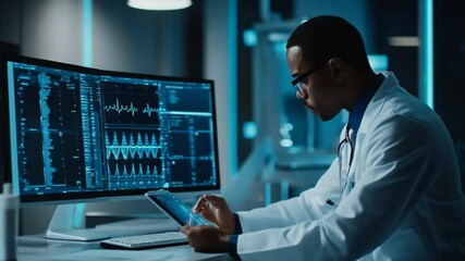 Dedicated medical professional analyzing data on monitors in modern laboratory setting - Powered by Adobe