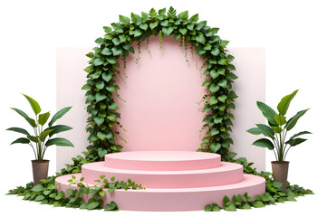 Pink Round Podium with Green Leaf Arch on White Background