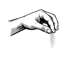 Hand sprinkling seasoning or ingredient in engraved style black and white illustration design.
