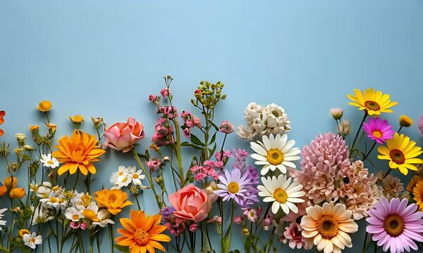 Assorted Flowers Create A Stunning Border On Light Blue Background Stock Photo