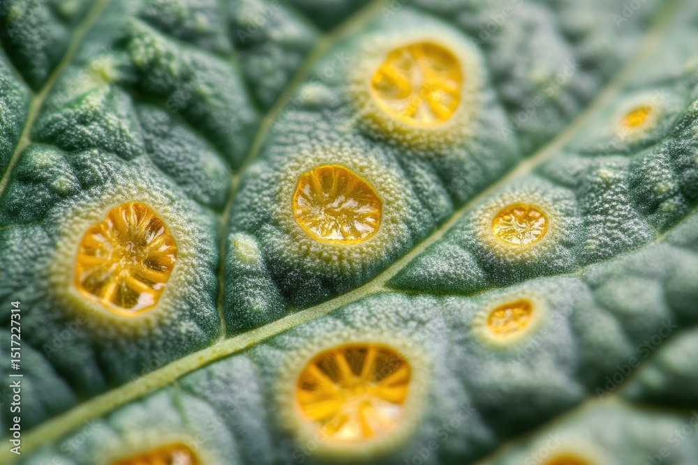Poster close-up view of a leaf displaying yellow spots caused by fungal infection under natural light in a 