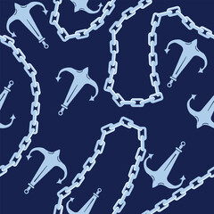 seamless Pattern Featuring Light Blue Anchors And Chains On A Dark Blue Background