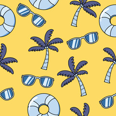 Summer Elements Seamless Pattern, Sunglasses Palm Trees And Swimming Rings On Light Beige Background