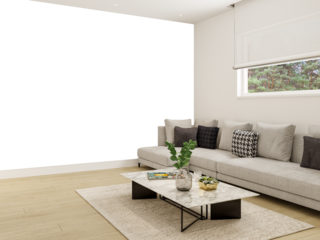  Scandinavian Living Room Wall Mockup with Gray Sectional Sofa and Window Light – PNG transparent background – 3D render