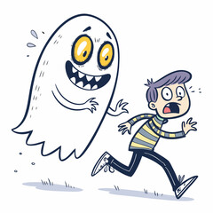 Create a vector illustration a bold-outlined ghost fiercely chasing a frightened pear.  Focus on dynamic movement and contrasting line weights.