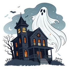 Create a bold, vector illustration of a spooky ghost emerging from a haunted house, emphasizing thick outlines and a dramatic pose.