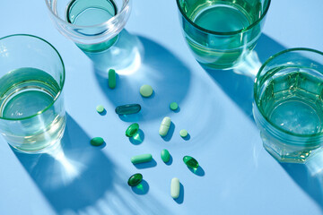 Glass of water and pills isolated on bue 