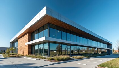 Modern office building with flat angled roofline front windows. Aluminum siding, wooden and glass exterior design. Clear blue sky sunny day. Business architecture commercial industry.
