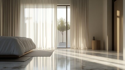 Afternoon light filters through sheer curtains onto glossy Carrara marble floors in a minimalist bedroom generative ai