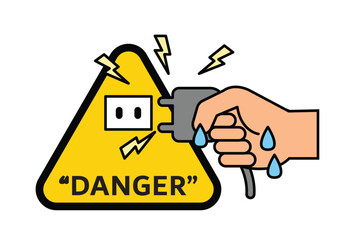 Danger Electric Shock, Wet Hand Plugging into Power Socket Warning Icon, vector design