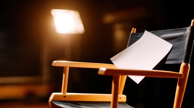 Empty director's chair with a blank script in a dimly lit film studio setting