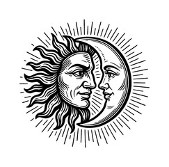 Obraz premium Engraved Style Image of Sun and Moon Faces with Radial Lines on White Background