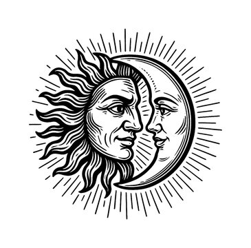 Engraved Style Image of Sun and Moon Faces with Radial Lines on White Background