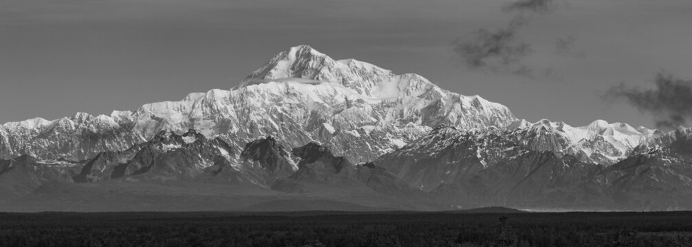 A black and white panorama of Denali (Mt McKinley). Denali, the tallest mountain in North America is located in the Alaska Range Mountains in Alaska. - Powered by Adobe