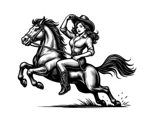 Fototapeta premium Pinup Woman Riding Horse Holding Hat in Engraving Style Black and White Illustration