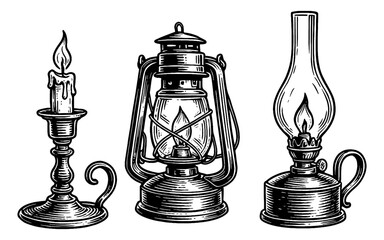 Vintage Lanterns and Candle Engraved Black and White Illustration of Three Different Kinds of Lamps