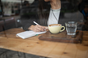 Young woman writing in diary at café