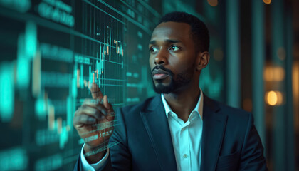Black man in suit analyzes stock market charts. Financial analyst trading, monitoring business graphs on digital display. African american trader at work. Successful entrepreneur, broker, investor,