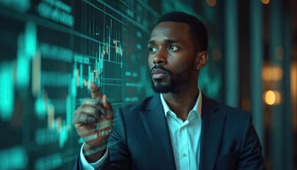 Gordijnen Black man in suit analyzes stock market charts. Financial analyst trading, monitoring business graphs on digital display. African american trader at work. Successful entrepreneur, broker, investor, © Vadym