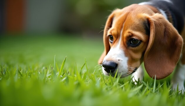 Close-up adorable beagle sniffing artificial green grass backyard. Curious dog exploring nature outdoor. Pet enjoys sunlight, adventure on lawn. Fun furry companion is happy.
