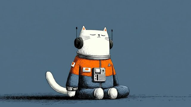 A cat in an astronaut suit sits crosslegged with headphones on a blue background