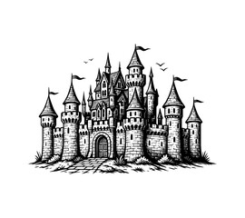 Obraz premium Detailed Black and White Engraving of a Medieval Castle with Multiple Towers and Flags
