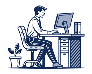 Create a bold, vector illustration of a seated office worker, emphasizing strong outlines and clean lines.  Include modern office attire.