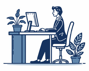 Create a bold, vector illustration of a seated office worker, emphasizing strong lines and a minimalist style.
