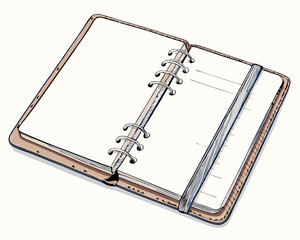 Create a vector illustration of an open notebook with bold, black strokes.  Show blank pages ready for notes.