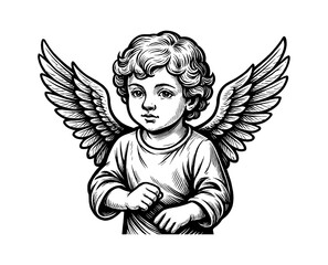 Illustration of Winged Child Angel with Curly Hair in Black and White Detailed Engraving