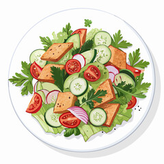 Create a bold, vector illustration of a vibrant fattoush salad on a plate, emphasizing the crisp textures and fresh ingredients.