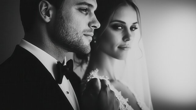 Groom adjusting his bow tie while bride watches lovingly, candid prewedding moment, classic elegance
