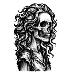 Detailed Engraving of a Skull with Long Wavy Hair in Black and White Side View