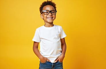 Young boy wears white t-shirt, eyeglasses and jeans isolated on yellow background. Smiling schoolboy with hands in pockets. Happy kid on a bright sunny day. Positive emotions, joy, childhood.