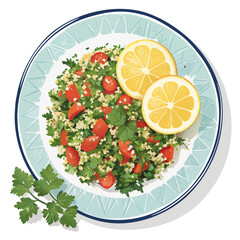 Create a bold vector illustration of a plate brimming with vibrant tabbouleh salad.  Show detail in parsley, tomatoes, and bulgur.