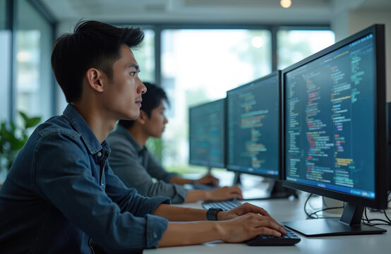 Asian software developers work on multiple screens displaying code in modern office. Team collaborates on project, writing code. Startup engineers, coders, programmers focused on jobs. Agile