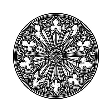 Detailed black and white engraving of a gothic rosette window with floral elements.