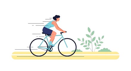 Fototapeta premium Woman Cycling Fast on a Blue Bicycle with Nature Background
