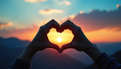Hands form heart shape silhouette against sunset. Love symbol, gesture of affection, friendship against colorful twilight sky with clouds. Romantic, warm, scenic view of mountains on horizon.