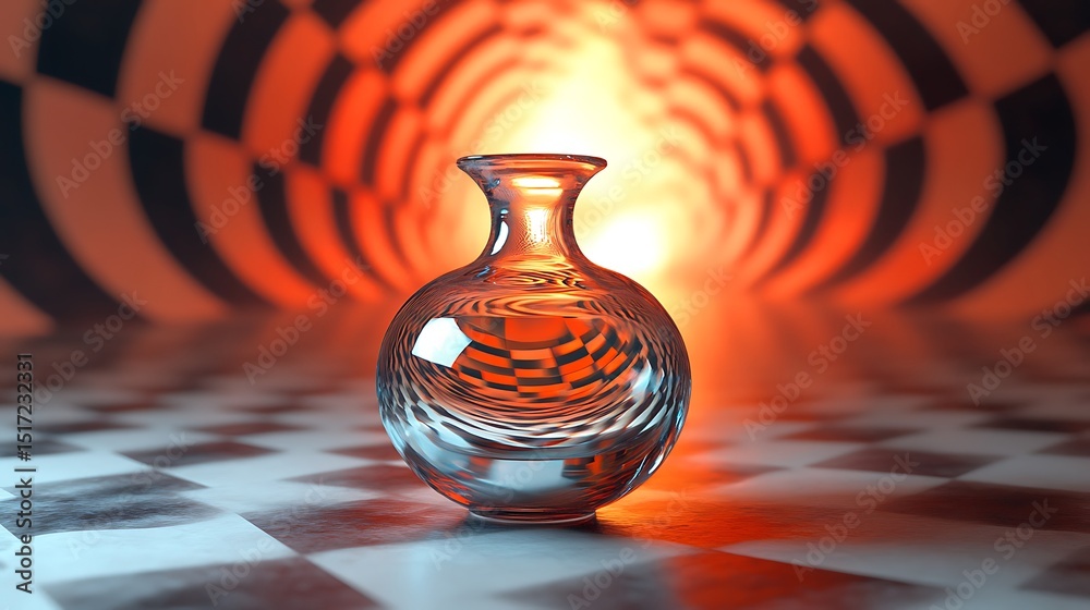 Fototapete glass vase in an abstract tunnel with checkered pattern and warm light source