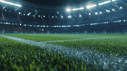 Close-up view of a soccer field at night.