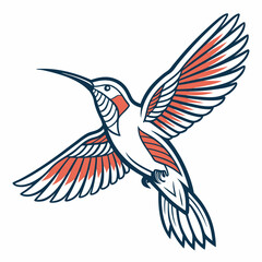 Stylized Hummingbird Illustration with Wings Spread Featuring Coral and Navy Color Palette