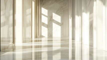 Obraz premium Bright rays of sunlight illuminate a shiny marble hallway with minimalist design elements, generative ai