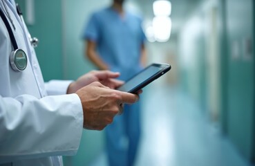 Doctor in clinic lab coat uses tablet. Male hands holding digital device. Nurse stands background. Healthcare tech, telemedicine, med research. Modern medicine.