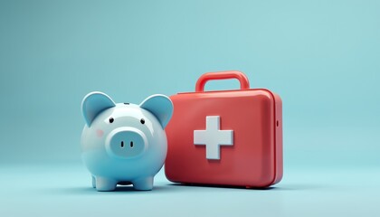 Piggy bank, red medical kit on blue background. Financial planning, health insurance concept. Rising healthcare costs, medical bills, expense, debt, budget, coverage, emergency, treatment, medication.