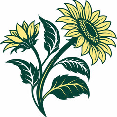 Stylized Sunflower Bouquet with Bud and Leaves in Yellow and Green